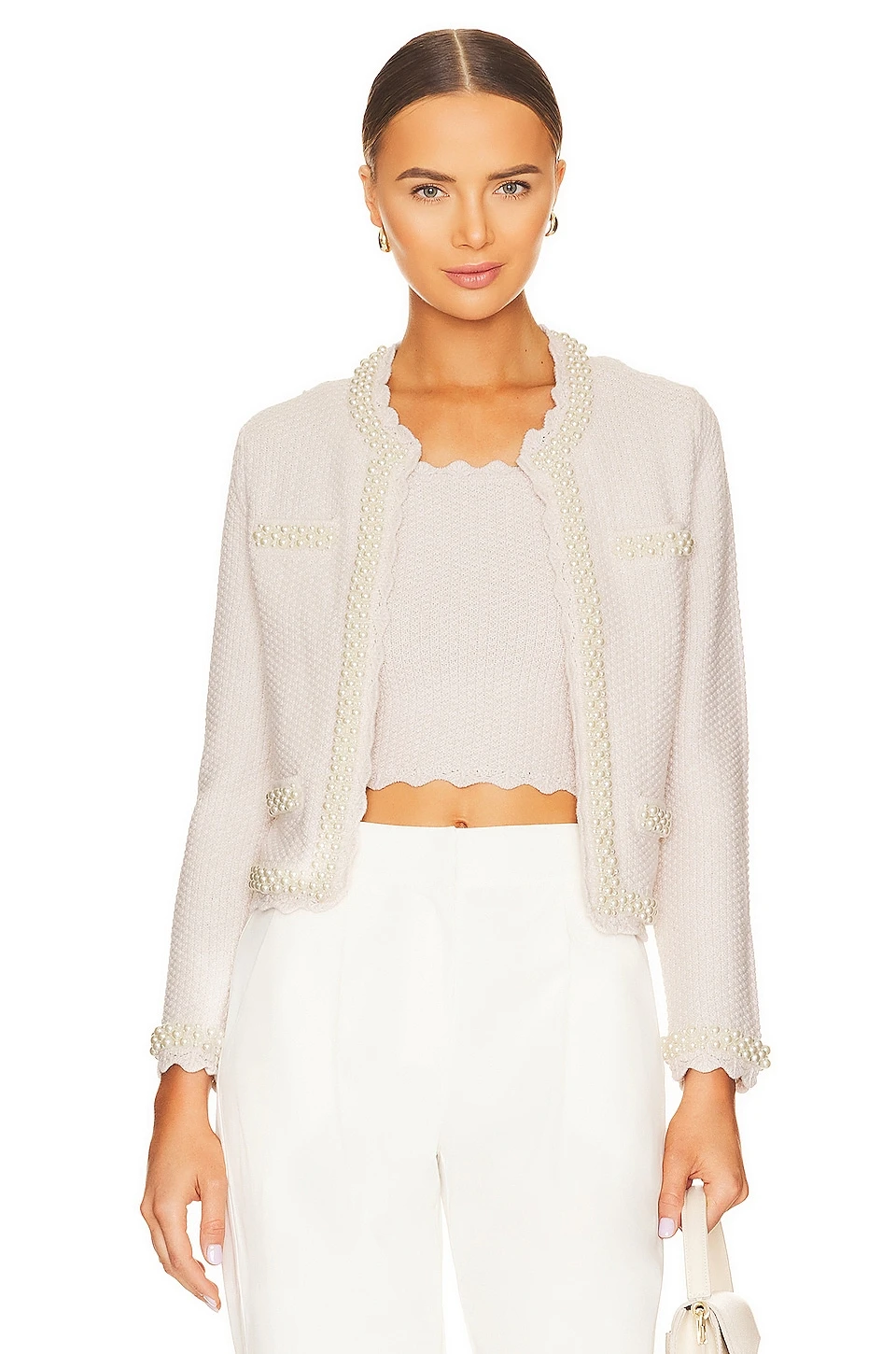 Alice + Olivia Noella Knit Jacket With Pearls Sand Marl & Pearl