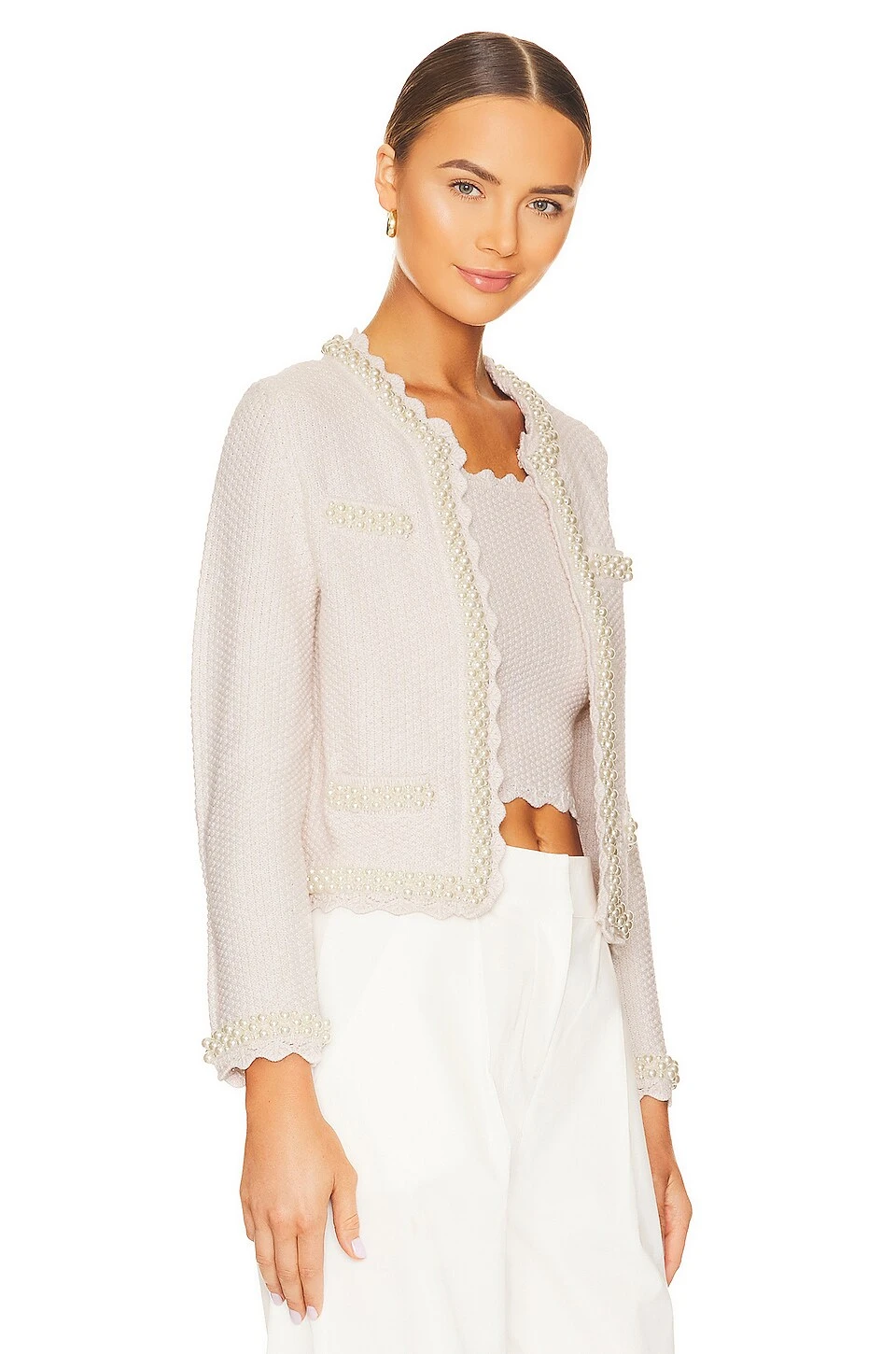 Alice + Olivia Noella Knit Jacket With Pearls Sand Marl & Pearl - Image 2