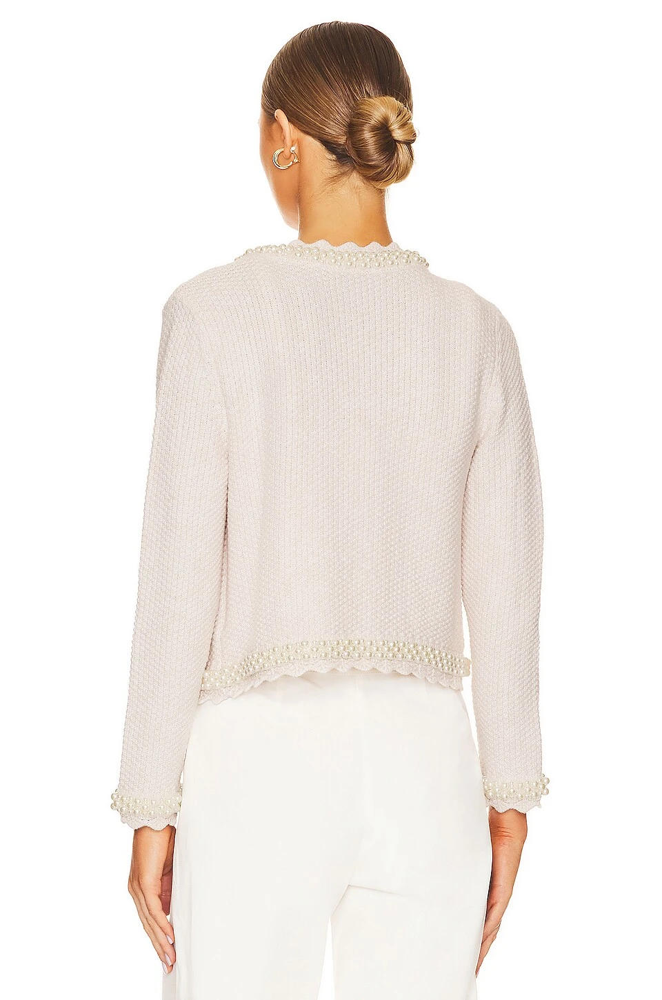 Alice + Olivia Noella Knit Jacket With Pearls Sand Marl & Pearl - Image 3