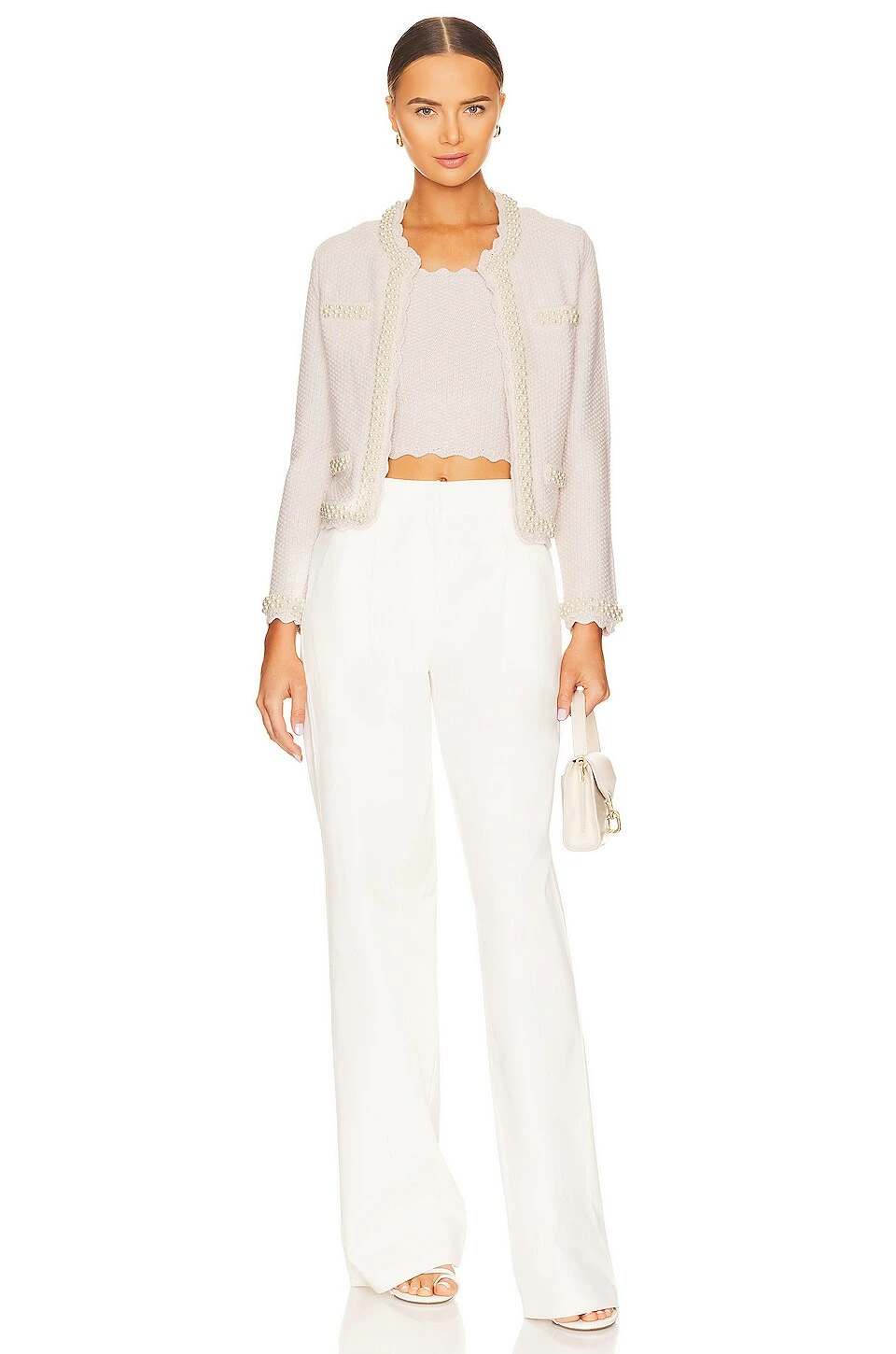 Alice + Olivia Noella Knit Jacket With Pearls Sand Marl & Pearl - Image 4