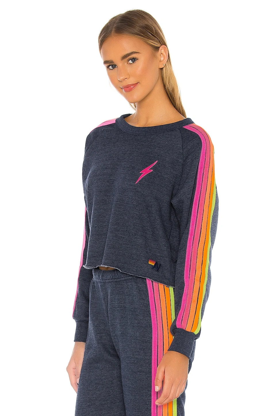 Bolt Cropped Classic Crewneck Heather Navy Neon - Image 3