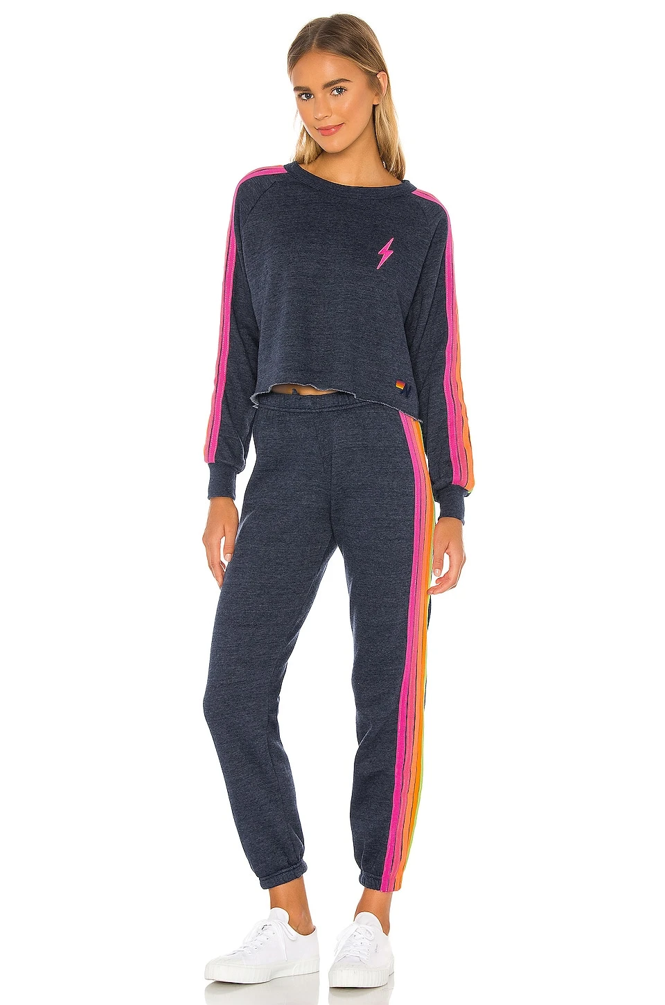 Bolt Cropped Classic Crewneck Heather Navy Neon - Image 5