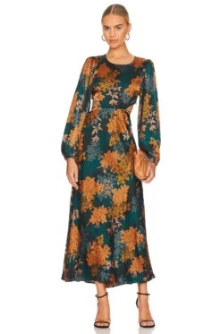 Quinn Midi Dress Green & Rust Floral