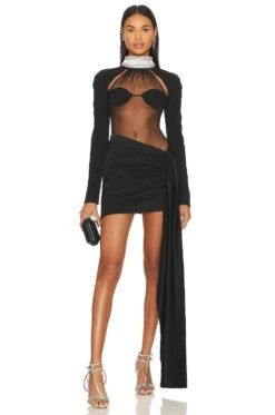 Sheer Crystal Halter Mini Dress Black