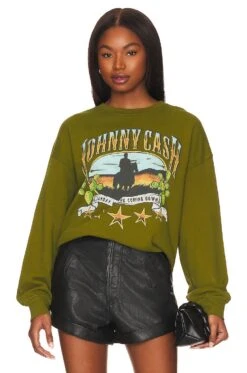 Johnny Cash Sunday Morning Oversized Crew Olive Green