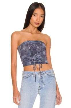 Frankies Bikinis Jayden Lace Up Top Indigo Denim