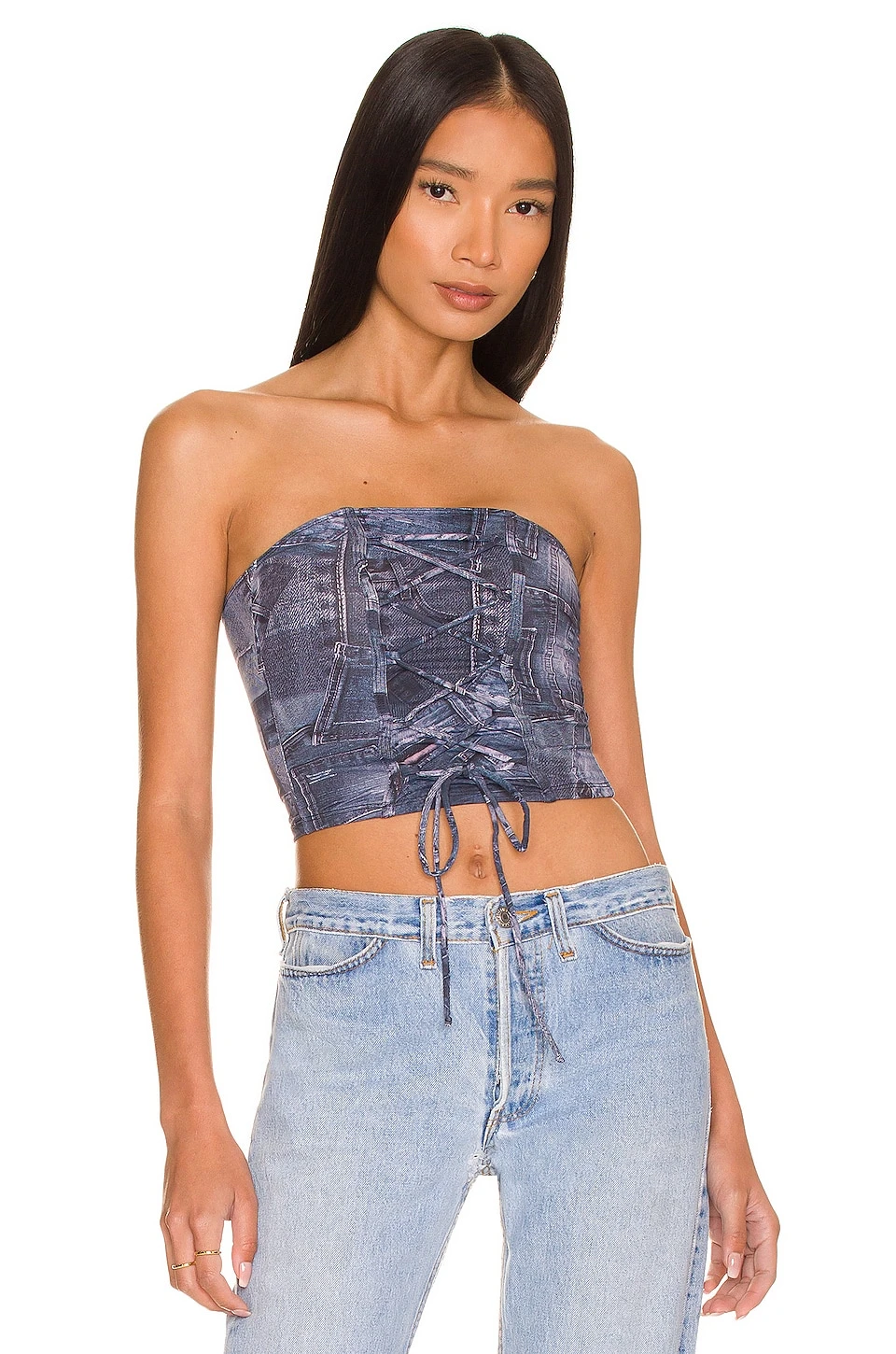 Frankies Bikinis Jayden Lace Up Top Indigo Denim