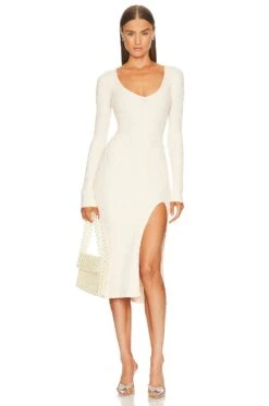 X Marianna Hewitt Saskia Boucle Midi Dress With Slit Ivory