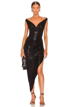Norma Kamali Tara Side Drape Gown Black Lame