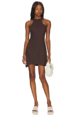 Cut Out Short Dress Brown Linen