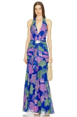 Ocean Leaf Draped Maxi Dress Blue