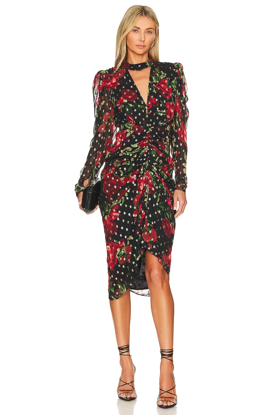 Midi Dress Black & Red Roses