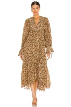 Shona Joy Pin Tuck Balloon Sleeve Midi Dress Chocolate & Multi