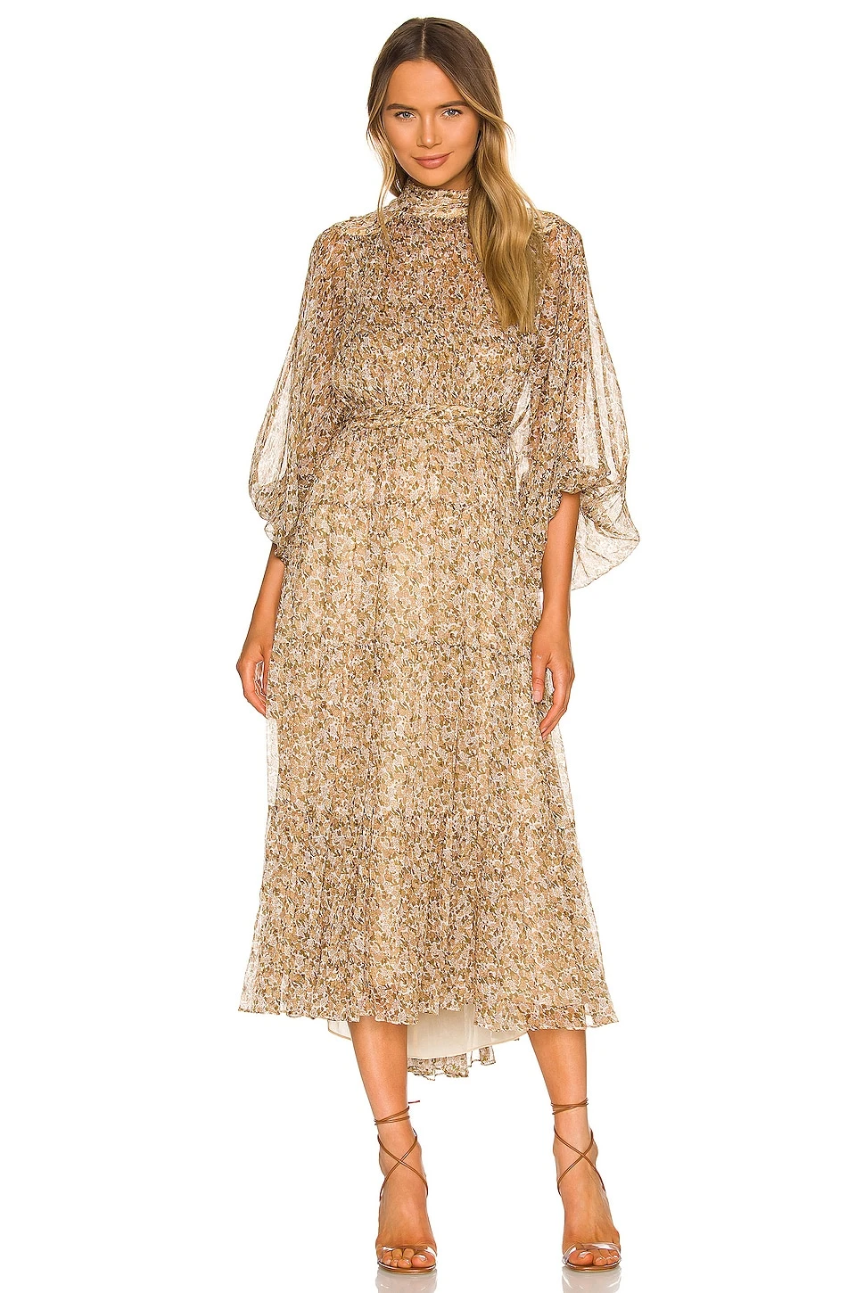 Shona Joy Ambar Long Sleeve Backless Tiered Midi Dress Cumin Multi