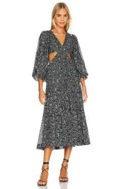 Shona Joy Denise Balloon Sleeve Midi Dress Black Multi